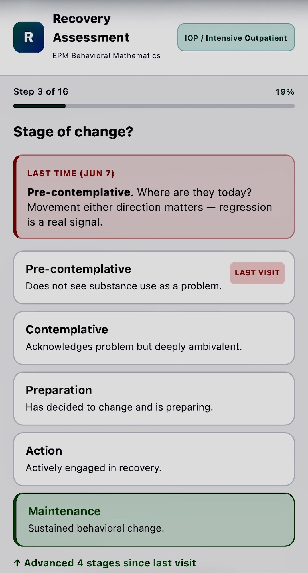 Stage of change assessment step